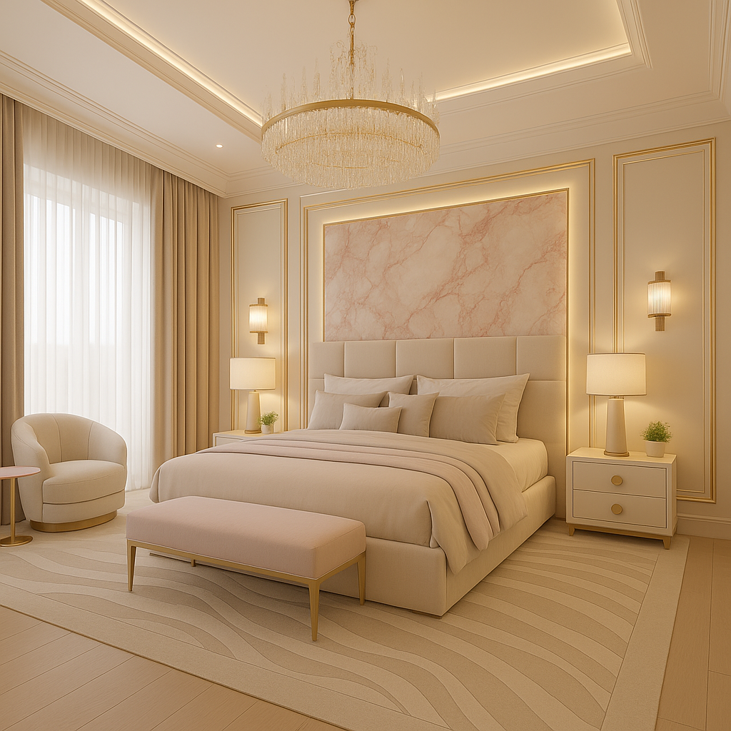 Um refúgio de calma e refinamento. Tons neutros, texturas aveludadas e iluminação delicada criam um ambiente que convida ao descanso e à contemplação.